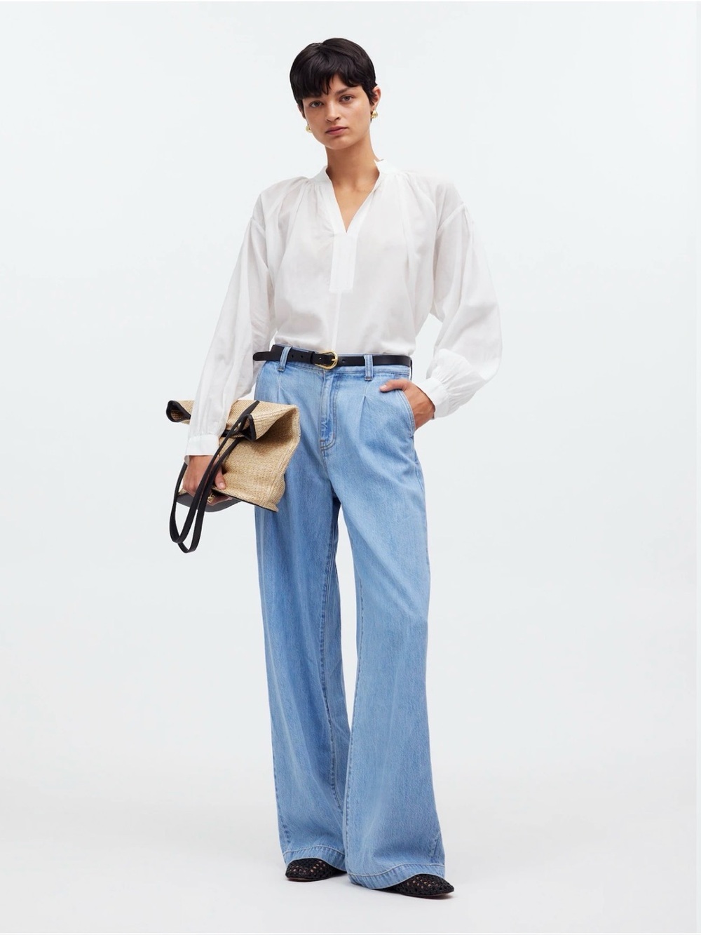 NWT Madewell Shirred Crewneck Button-Up Top Size Small